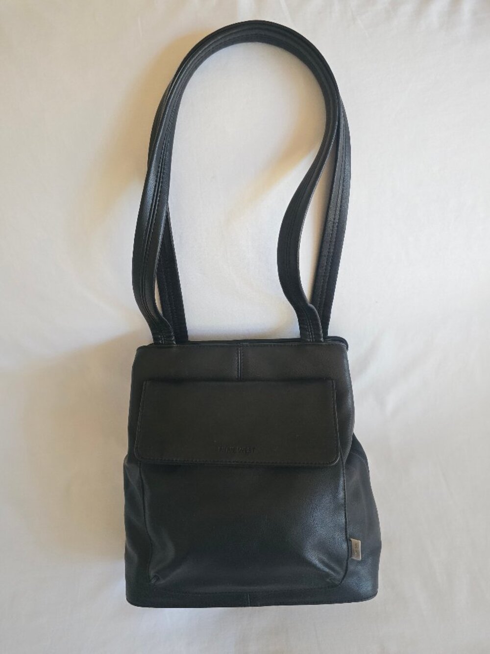 Nine West Black PU Leather Flap Front Pocket Triple Compartment Shoulder Bag